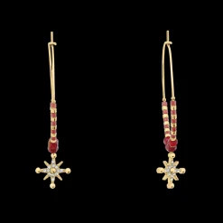 Boucles d'oreilles Créoles Femme ANTHAREA Acier Doré Perles Rouges