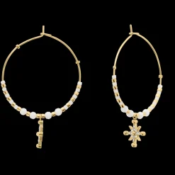 Boucles d'oreilles Créoles Femme ANTHAREA Acier Doré Perles Blanches