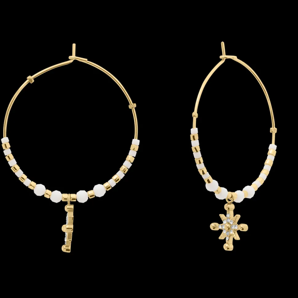 Boucles d'oreilles Créoles Femme ANTHAREA Acier Doré Perles Blanches