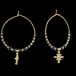 Boucles d'oreilles Créoles Femme ANTHAREA Acier Doré Perles Noires