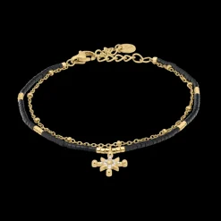 Bracelet Double Rang Femme ANTHAREA Acier Doré Perles Noires