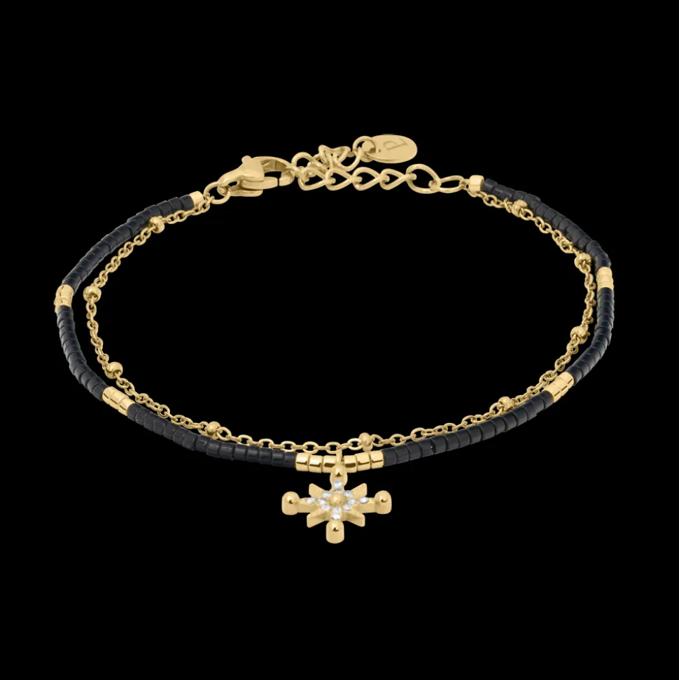 Bracelet Double Rang Femme ANTHAREA Acier Doré Perles Noires