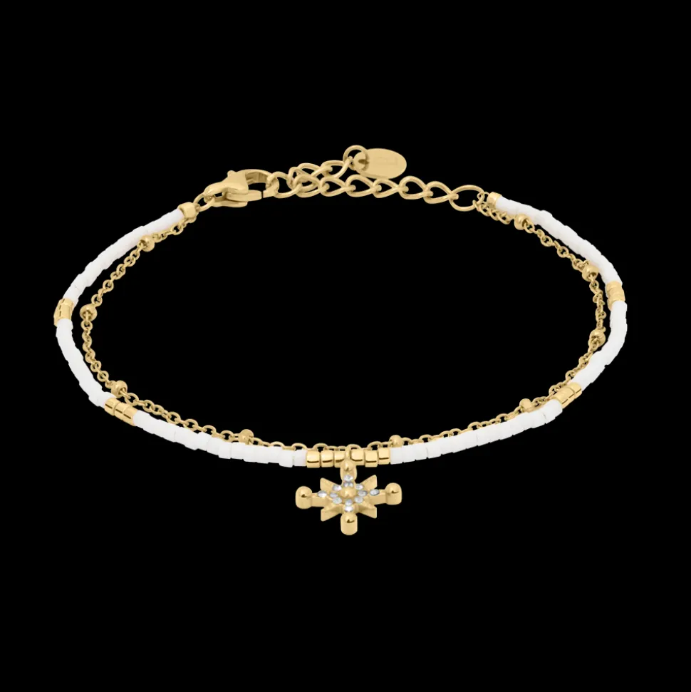 Bracelet Double Rang Femme ANTHAREA Acier Doré Perles Blanches