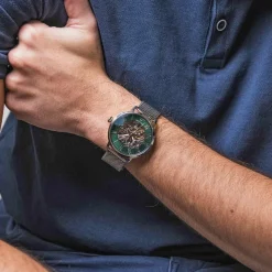 Coffret Homme AUTOMATIC Argenté Cadran Vert Bracelet Cuir Brun 20 MM