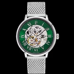 Coffret Homme AUTOMATIC Argenté Cadran Vert Bracelet Cuir Brun 20 MM