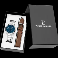 Coffret Homme DATA Argenté Cadran Bleu Bracelet Cuir Brun 20 MM