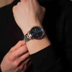 Coffret Homme DATA Argenté Cadran Bleu Bracelet Cuir Brun 20 MM