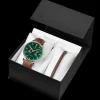 Coffret Homme ESSENTIAL Argenté Cadran Vert Bracelet Cuir perforé Brun 20 MM