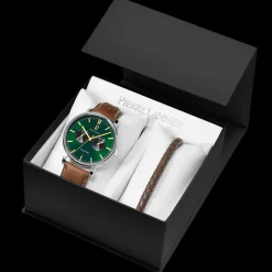 Coffret Homme ESSENTIAL Argenté Cadran Vert Bracelet Cuir perforé Brun 20 MM