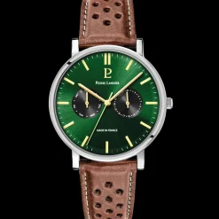 Coffret Homme ESSENTIAL Argenté Cadran Vert Bracelet Cuir perforé Brun 20 MM