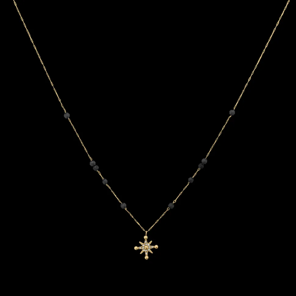 Collier Chaîne Femme AUSTRALE Acier Doré Perles Noires