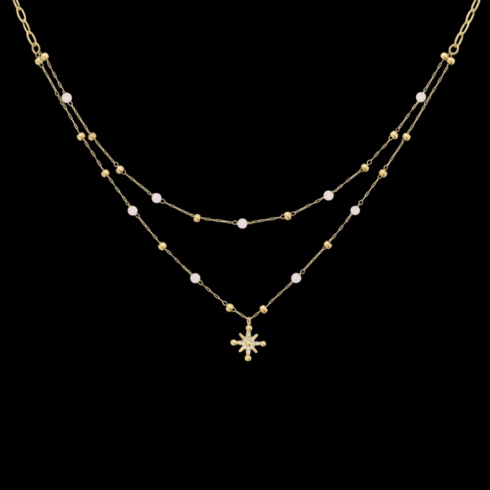 Collier Double Rang Femme AUSTRALE Acier Doré Perles Roses
