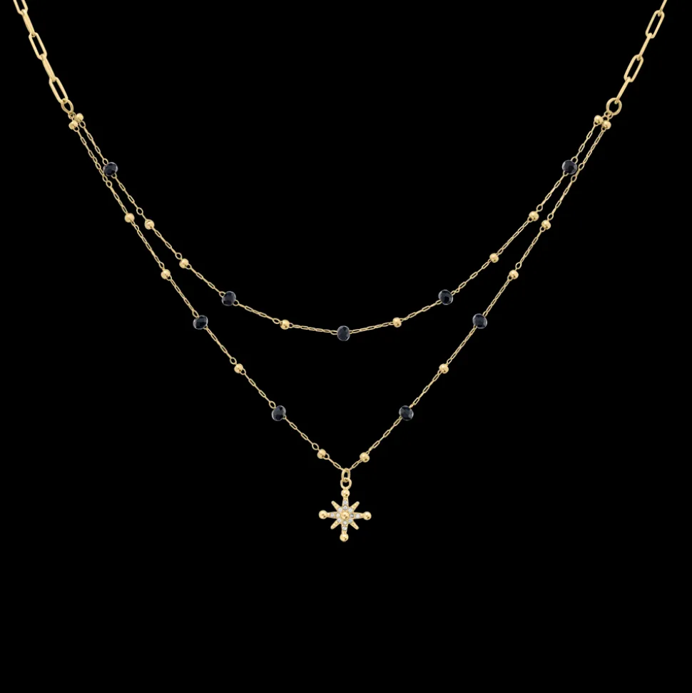 Collier Double Rang Femme AUSTRALE Acier Doré Perles Noires