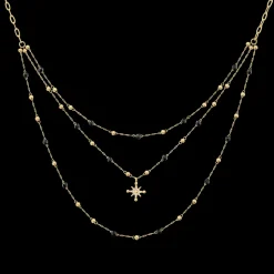 Collier Triple Rang Femme AUSTRALE Acier Doré Perles Noires
