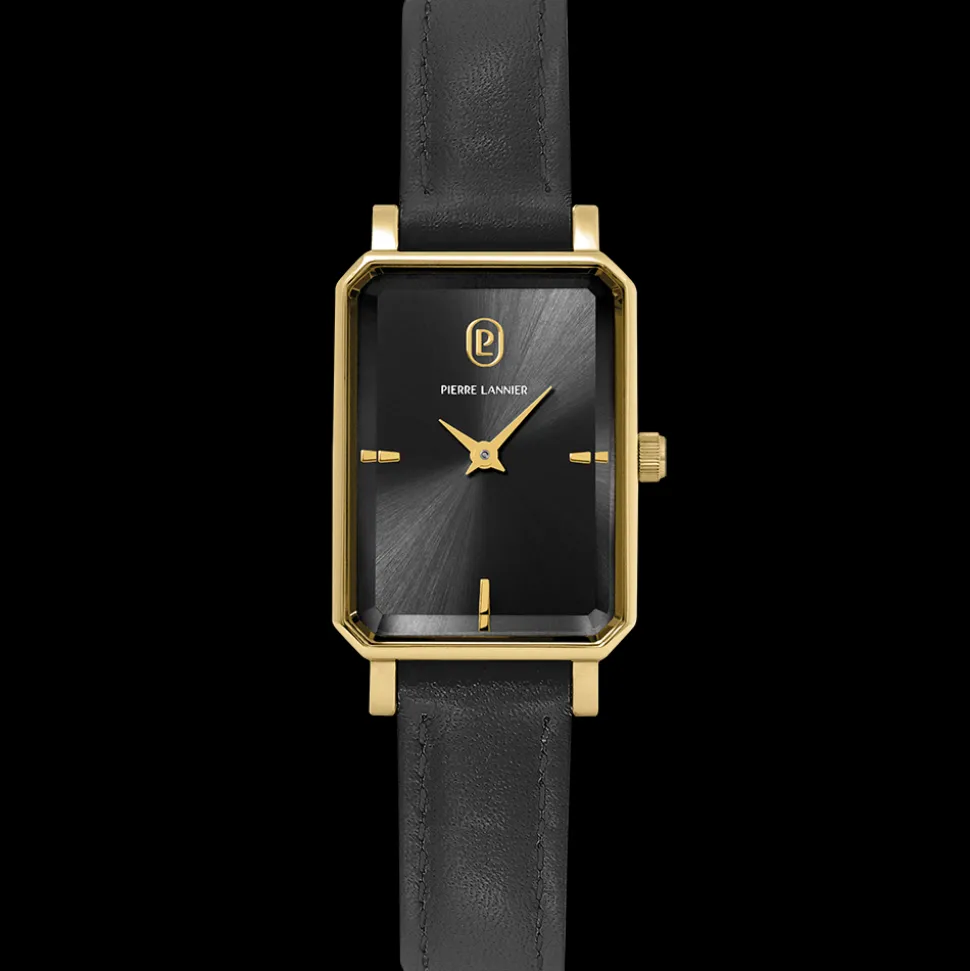 Montre Femme ARIANE Doré Cadran Noir Bracelet Cuir Noir 12 MM