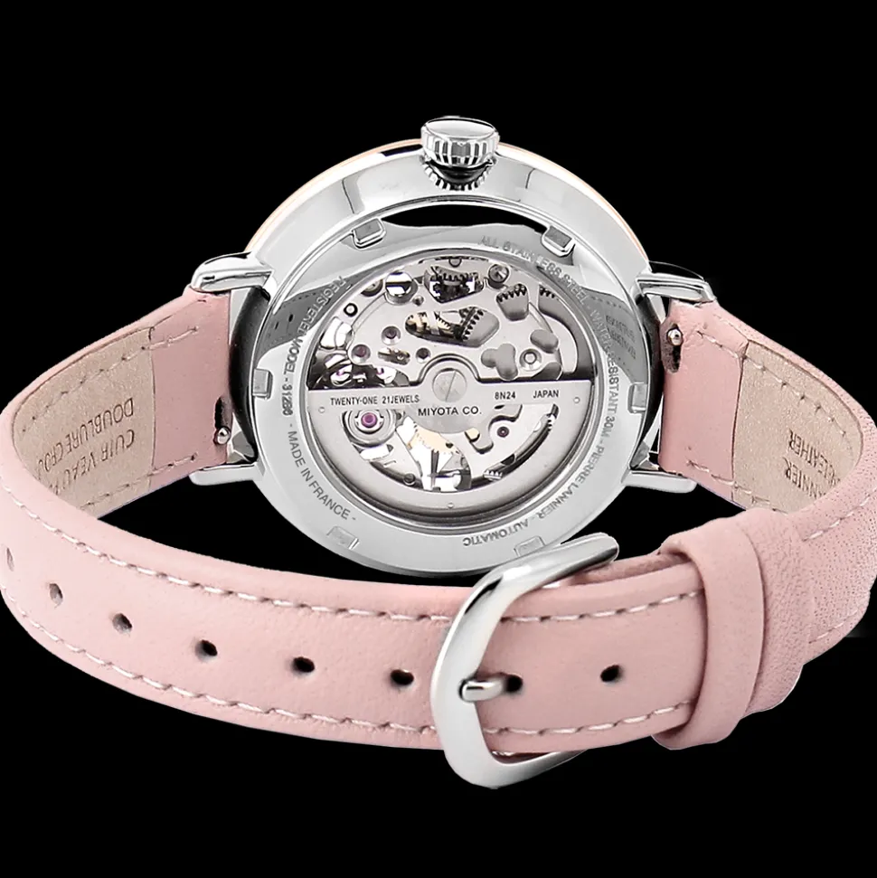 Montre Femme AUTOMATIC Cadran Argenté Bracelet Cuir Rose