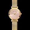 Montre Femme LIGNE PURE Cadran Rose Bracelet Acier milanais Doré