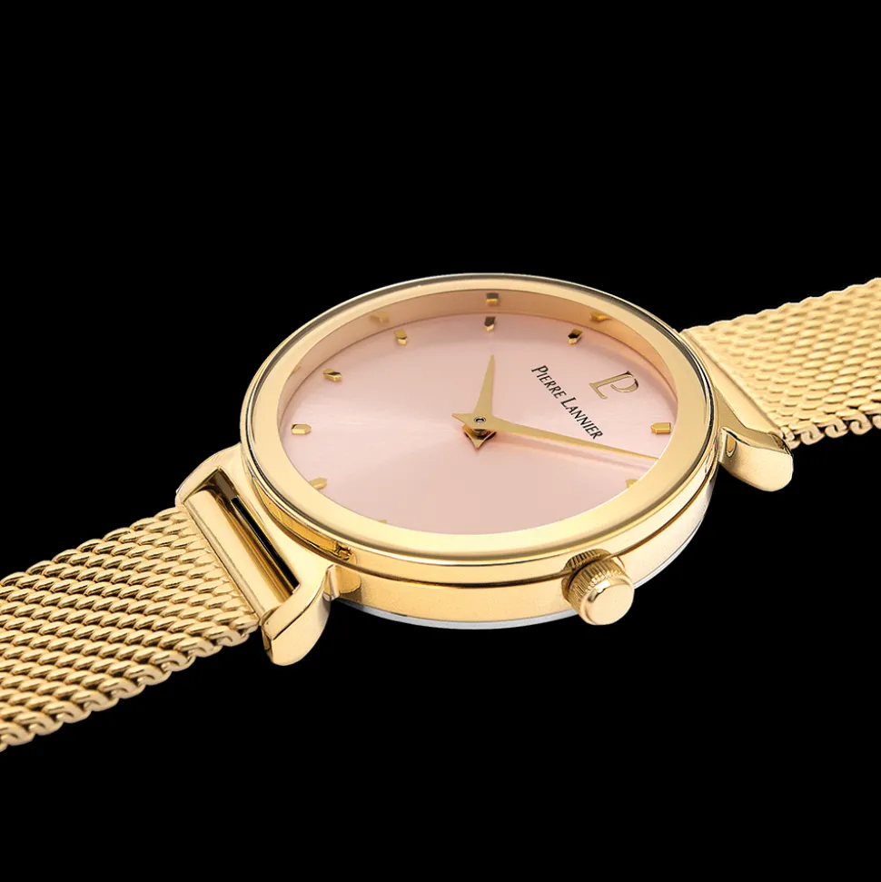Montre Femme LIGNE PURE Cadran Rose Bracelet Acier milanais Doré