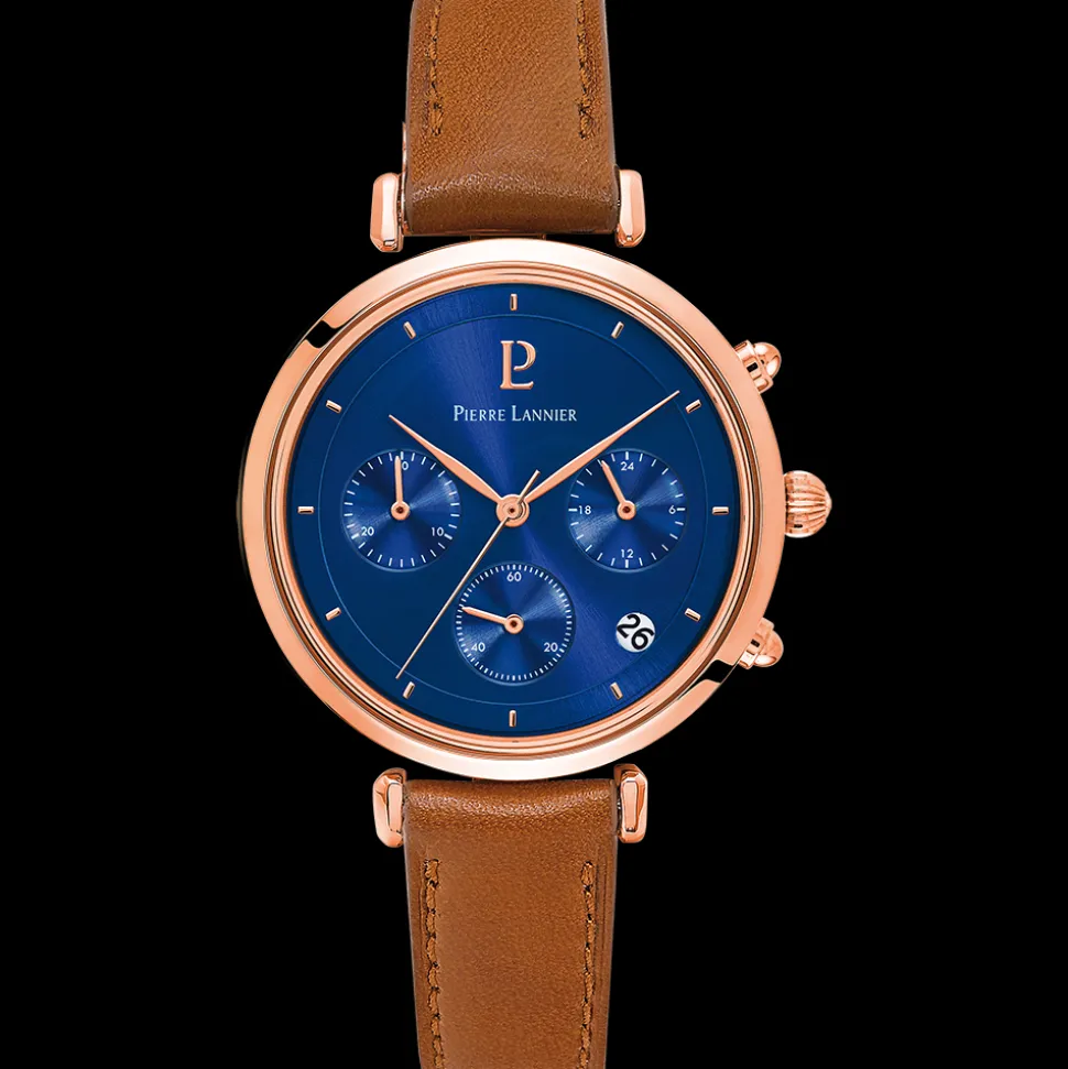 Montre Femme LUTECIA Cadran Bleu Bracelet Cuir Brun