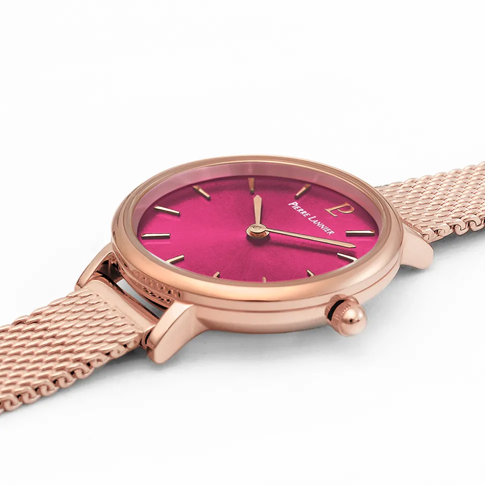 Montre Femme NOVA Cadran Framboise Bracelet Acier Doré- rose