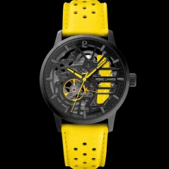 Montre Femme PADDOCK Noir Cadran Noir Bracelet Cuir Jaune 20 MM