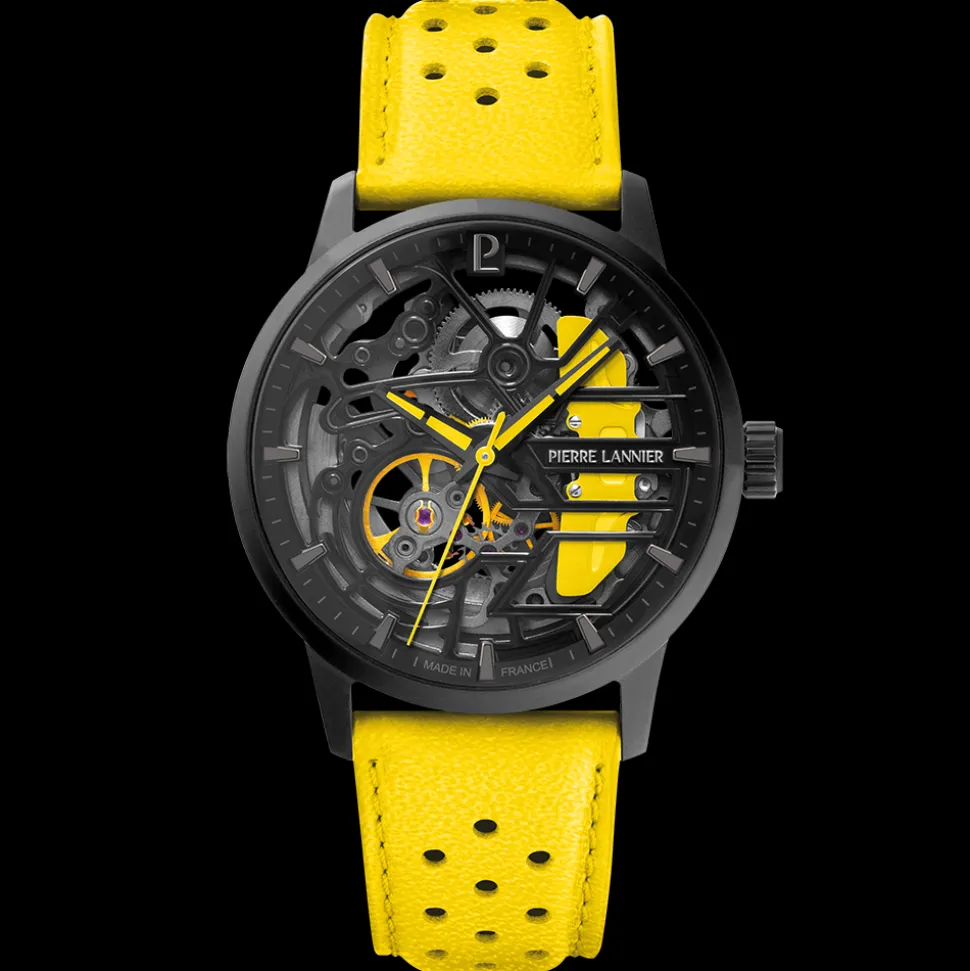 Montre Femme PADDOCK Noir Cadran Noir Bracelet Cuir Jaune 20 MM