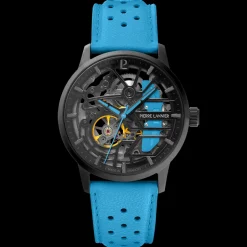 Montre Femme PADDOCK Noir Cadran Noir Bracelet Cuir Bleu 20 MM