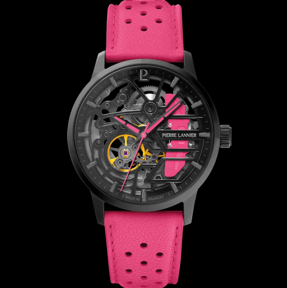 Montre Femme PADDOCK Noir Cadran Noir Bracelet Cuir Rose 20 MM