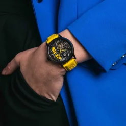 Montre Femme PADDOCK Noir Cadran Noir Bracelet Cuir Jaune 20 MM