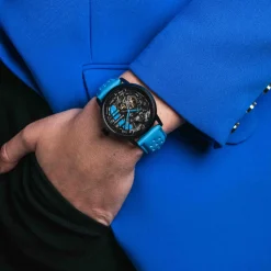 Montre Femme PADDOCK Noir Cadran Noir Bracelet Cuir Bleu 20 MM
