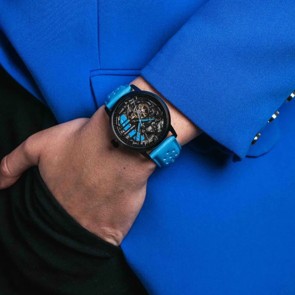 Montre Femme PADDOCK Noir Cadran Noir Bracelet Cuir Bleu 20 MM