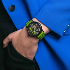 Montre Femme PADDOCK Noir Cadran Noir Bracelet Cuir Vert 20 MM