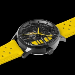 Montre Femme PADDOCK Noir Cadran Noir Bracelet Cuir Jaune 20 MM