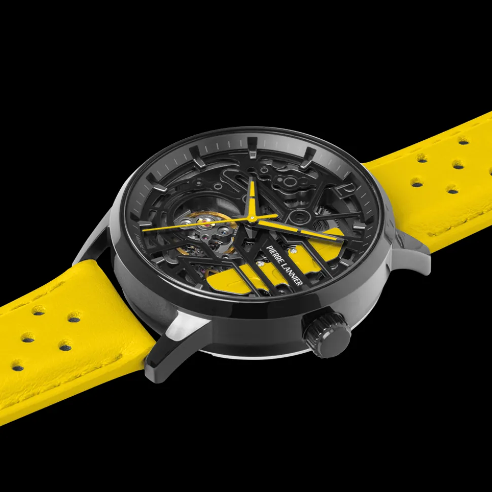 Montre Femme PADDOCK Noir Cadran Noir Bracelet Cuir Jaune 20 MM