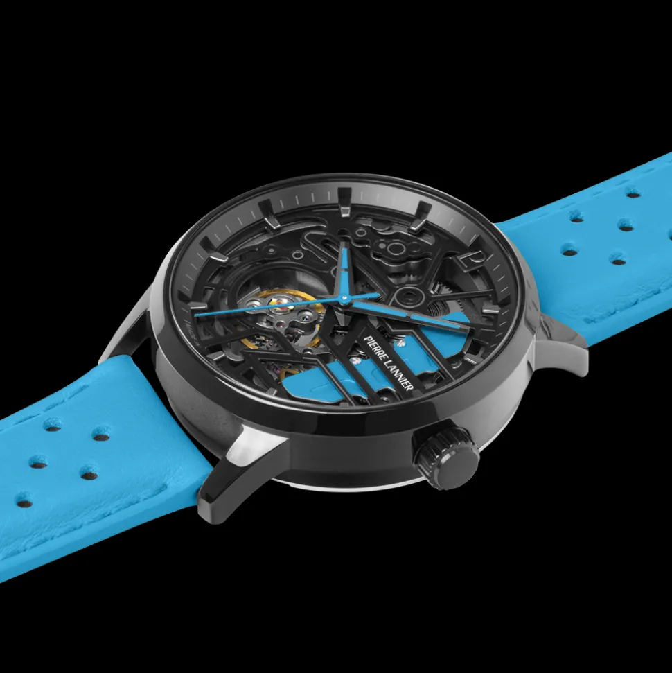 Montre Femme PADDOCK Noir Cadran Noir Bracelet Cuir Bleu 20 MM