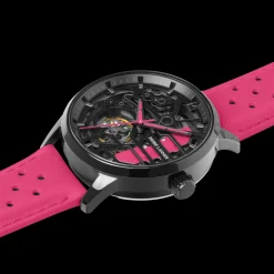 Montre Femme PADDOCK Noir Cadran Noir Bracelet Cuir Rose 20 MM