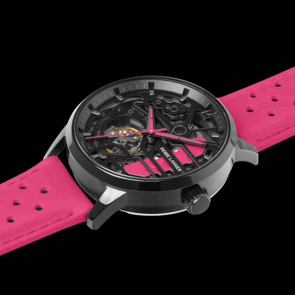 Montre Femme PADDOCK Noir Cadran Noir Bracelet Cuir Rose 20 MM