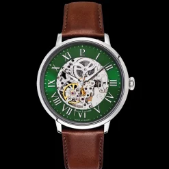 Montre Homme AUTOMATIC Argenté Cadran Vert Bracelet Cuir Brun 20 MM