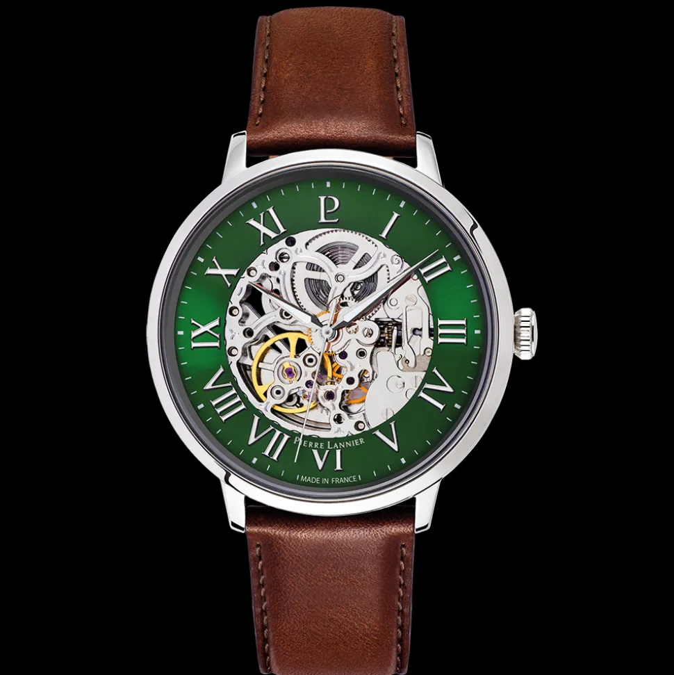 Montre Homme AUTOMATIC Argenté Cadran Vert Bracelet Cuir Brun 20 MM