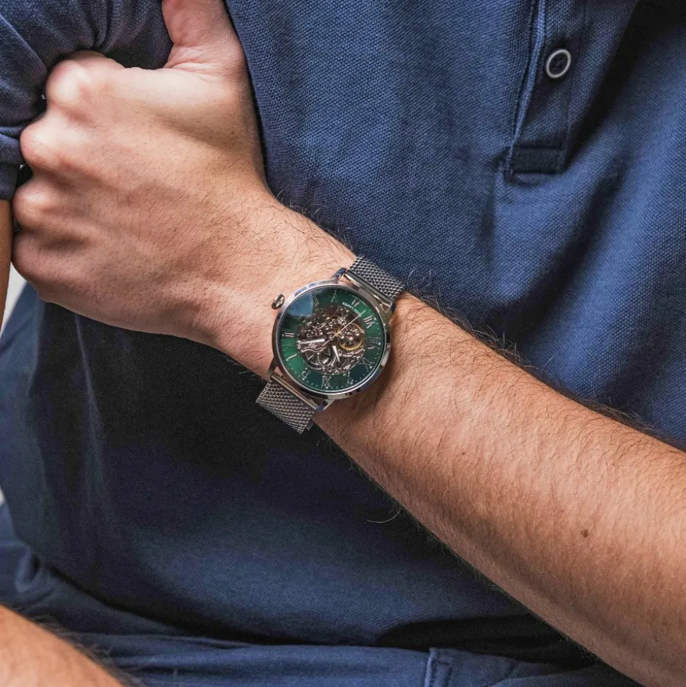 Montre Homme AUTOMATIC Argenté Cadran Vert Bracelet Acier milanais Argenté 20 MM