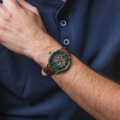 Montre Homme AUTOMATIC Argenté Cadran Vert Bracelet Cuir Brun 20 MM