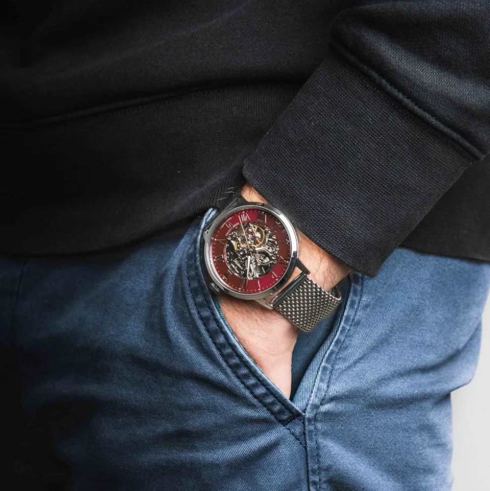 Montre Homme AUTOMATIC Argenté Cadran Bordeaux Bracelet Acier milanais Argenté 20 MM
