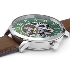Montre Homme AUTOMATIC Argenté Cadran Vert Bracelet Cuir Brun 20 MM