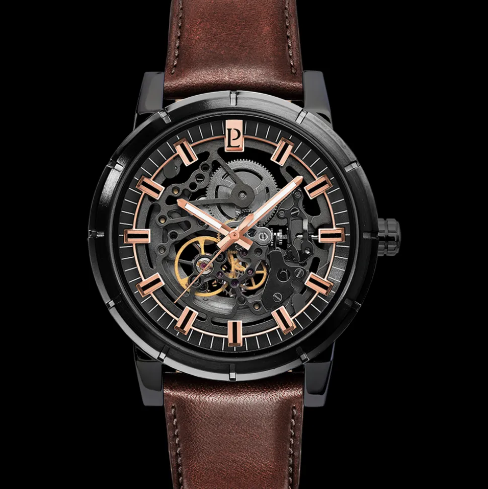 Montre Homme AUTOMATIC Cadran Noir Bracelet Cuir Brun