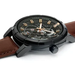 Montre Homme AUTOMATIC Cadran Noir Bracelet Cuir Brun