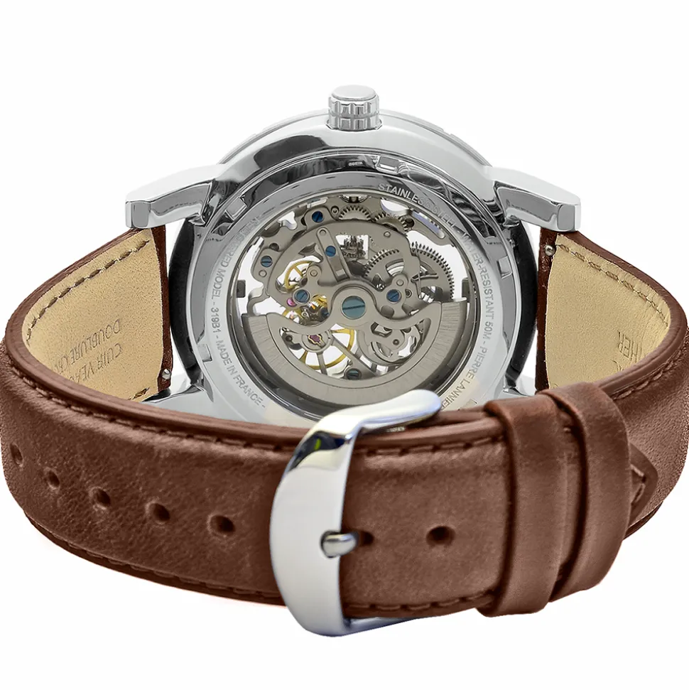 Montre Homme AUTOMATIC Cadran Bleu Bracelet Cuir Brun