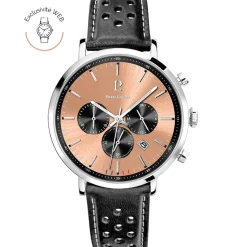 Montre Homme BARON Argenté Cadran Saumon Bracelet Cuir perforé Noir 20 MM