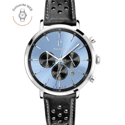 Montre Homme BARON Argenté Cadran Bleu Bracelet Cuir perforé Noir 20 MM