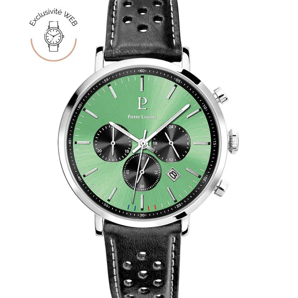 Montre Homme BARON Argenté Cadran Vert Bracelet Cuir perforé Noir 20 MM