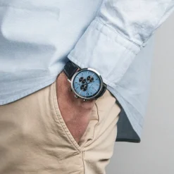 Montre Homme BARON Argenté Cadran Bleu Bracelet Cuir perforé Noir 20 MM